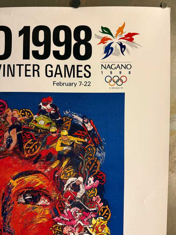“Nagano 1998 – Games from the Heart” (愛と参加の長野オリンピック), Rare Original Japanese Official Olympic Poster by Koji Kinutani, B1 Size (c. 73 × 103 cm), Gold Foil Olympic Rings HAK-A