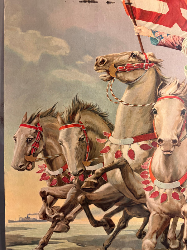 “Goddess on Horseback / Woman Commanding Five White Horses - Osaka Shōsen” – Original Pre‑War Japanese Shipping Advertising Poster, 1918 (Taishō 7), Ultra Rare, Museum‑Grade Early Multicolour Offset Lithograph by Machida Ryūyō (c. 96.5 × 62.5 cm)