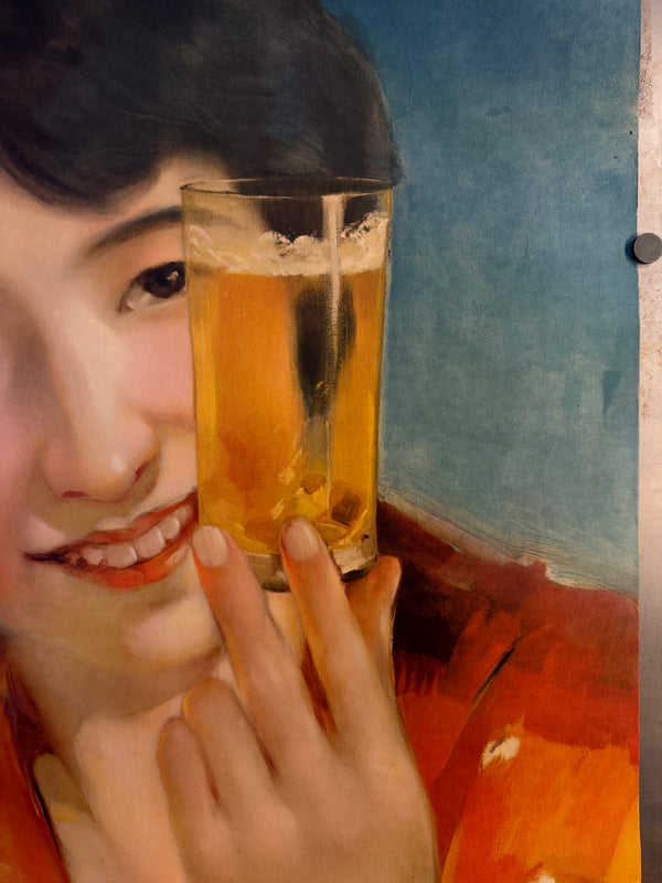 “Kirin Beer – ‘Rubin Riki’ Woman Holding a Glass” – Original Pre‑War Japanese Advertising Poster, 1931 (Shōwa 6), Designed by Hokuu Tada (多田北烏), Ultra Rare, Museum‑Grade HB‑Process Colour Print (c. 91.6 × 61.0 cm)
