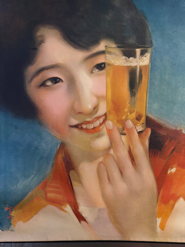 “Kirin Beer – ‘Rubin Riki’ Woman Holding a Glass” – Original Pre‑War Japanese Advertising Poster, 1931 (Shōwa 6), Designed by Hokuu Tada (多田北烏), Ultra Rare, Museum‑Grade HB‑Process Colour Print (c. 91.6 × 61.0 cm)