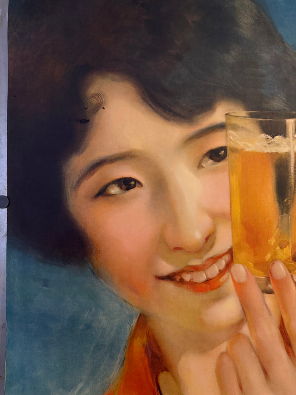 “Kirin Beer – ‘Rubin Riki’ Woman Holding a Glass” – Original Pre‑War Japanese Advertising Poster, 1931 (Shōwa 6), Designed by Hokuu Tada (多田北烏), Ultra Rare, Museum‑Grade HB‑Process Colour Print (c. 91.6 × 61.0 cm)