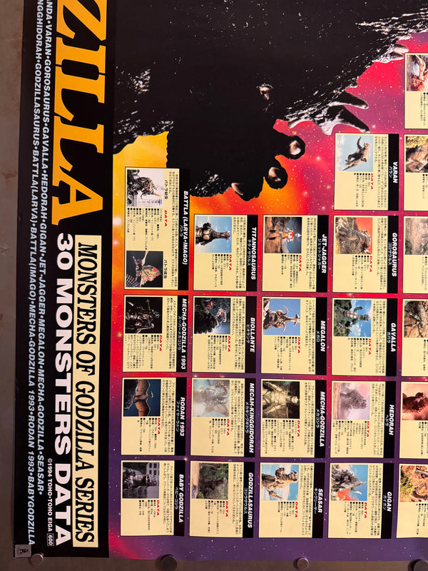 “Godzilla – Monsters of Godzilla Series: 30 Monsters Data”, Very Rare Original Japanese Promotional Poster 1994, Toho / Showa & Heisei Kaiju, Landscape Format JA40