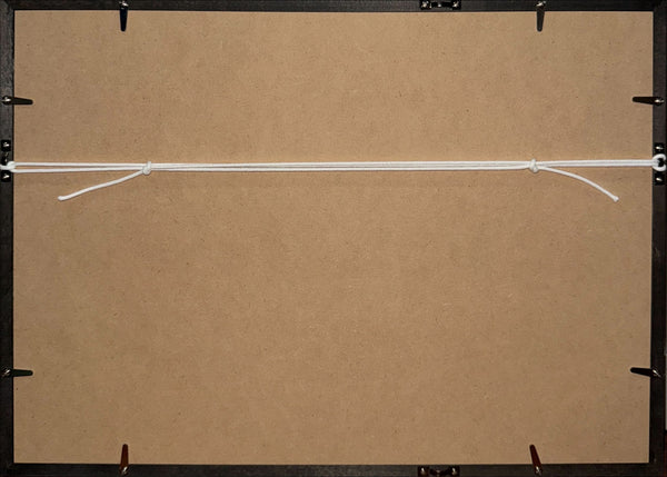 “Seven Samurai” (七人の侍) — Framed pair of original Japanese first‑release flyers for Kurosawa’s 1954 epic — Piece sizes c. 25.7 × 17.7 cm (smaller sepia) & 26 × 18.4 cm (larger color) • Overall framed size c. 31 × 44 cm