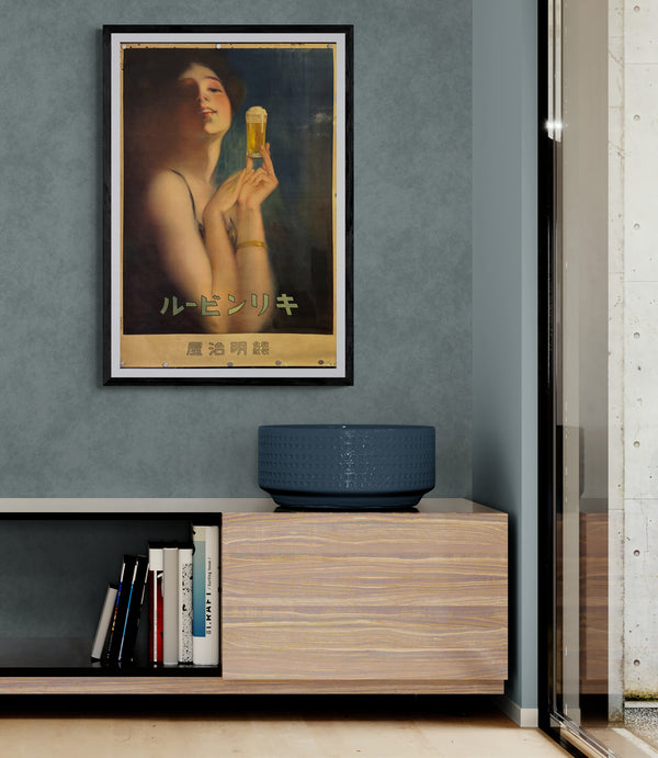 “Kirin Beer – Woman in a Dress Holding a Glass (キリンビールポスター『グラスを持つドレスの女性』)” – Original Pre‑War Japanese Advertising Poster, 1924 (Taishō 13), Ultra Rare, Museum‑Grade HB‑Process Lithograph (c. 92 × 62 cm)