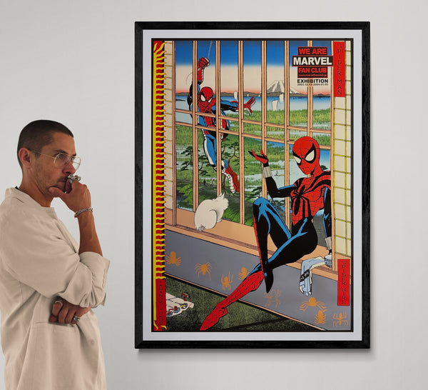 "TADANORI YOKOO × MARVEL – WE ARE MARVEL FAN CLUB EXHIBITION (Spider-Man / Spider-Girl)", Japanese Contemporary Art Poster, Original Silk Screen 2003, Ultra Rare, Museum-Framed, B1 Poster Size (c.102.9 × 72.8cm)