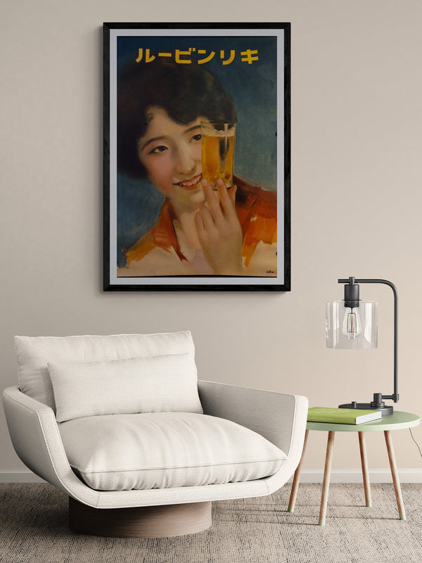 “Kirin Beer – ‘Rubin Riki’ Woman Holding a Glass” – Original Pre‑War Japanese Advertising Poster, 1931 (Shōwa 6), Designed by Hokuu Tada (多田北烏), Ultra Rare, Museum‑Grade HB‑Process Colour Print (c. 91.6 × 61.0 cm)