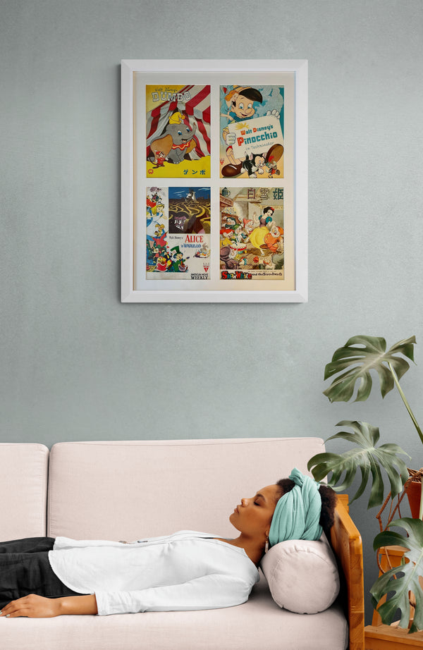 "Dumbo, Pinocchio, Alice in Wonderland and Snow White", 4 Original Release Japanese Movie Pamphlet-Posters early 1950`s, Ultra Rare, FRAMED, B5 Size