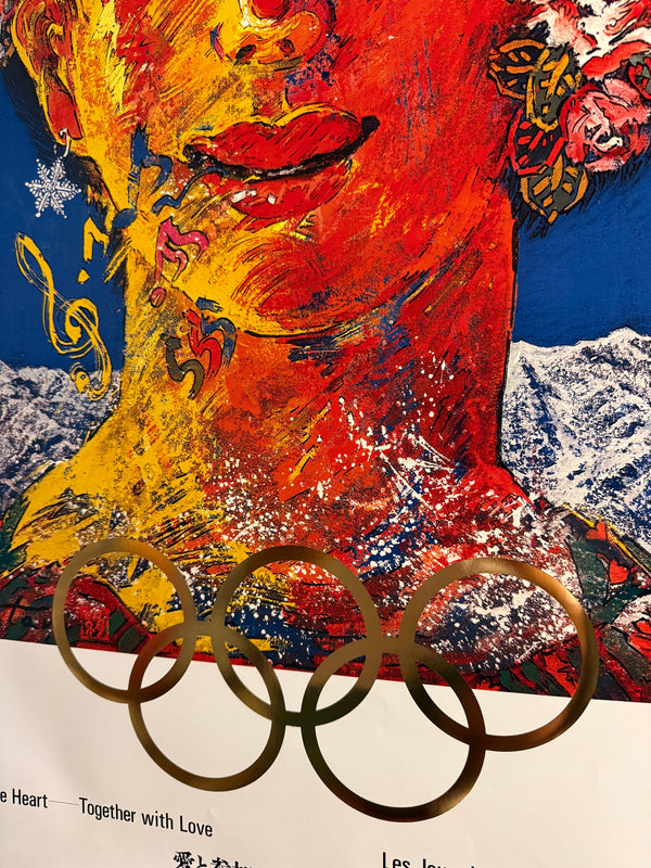 “Nagano 1998 – Games from the Heart” (愛と参加の長野オリンピック), Rare Original Japanese Official Olympic Poster by Koji Kinutani, B1 Size (c. 73 × 103 cm), Gold Foil Olympic Rings HAK-A