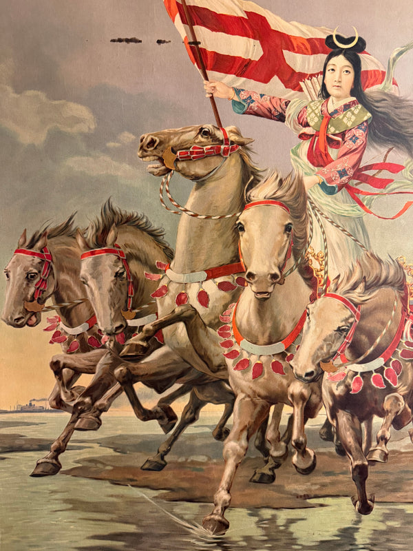 “Goddess on Horseback / Woman Commanding Five White Horses - Osaka Shōsen” – Original Pre‑War Japanese Shipping Advertising Poster, 1918 (Taishō 7), Ultra Rare, Museum‑Grade Early Multicolour Offset Lithograph by Machida Ryūyō (c. 96.5 × 62.5 cm)