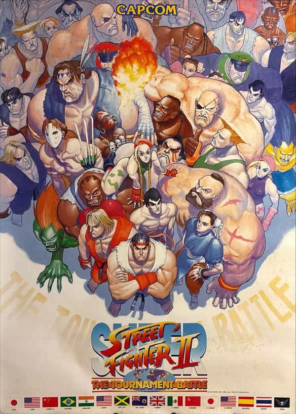 “Super Street Fighter II: The Tournament Battle”, Original Japanese Capcom Arcade Poster 1993, Very Rare, B1 Size (72.8 × 103 cm) — 16-Fighter Tournament Line-Up Design