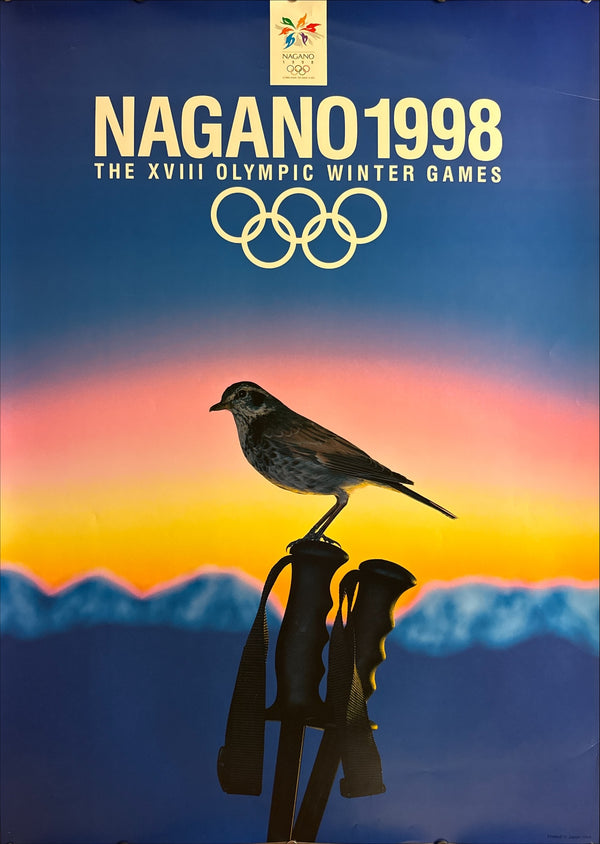 “Nagano 1998 – Thrush on Ski Poles” (長野1998冬季オリンピック), Rare Original Japanese Olympic Promotional Poster 1994, B1 Size (c. 72 × 103 cm) HAK-A