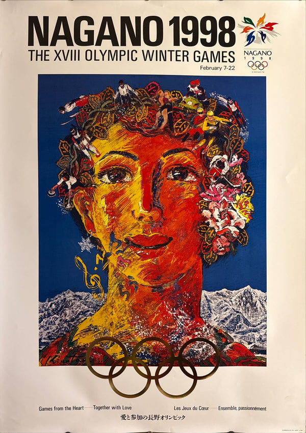 “Nagano 1998 – Games from the Heart” (愛と参加の長野オリンピック), Rare Original Japanese Official Olympic Poster by Koji Kinutani, B1 Size (c. 73 × 103 cm), Gold Foil Olympic Rings HAK-A