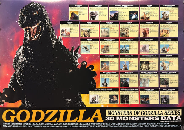 “Godzilla – Monsters of Godzilla Series: 30 Monsters Data”, Very Rare Original Japanese Promotional Poster 1994, Toho / Showa & Heisei Kaiju, Landscape Format JA40
