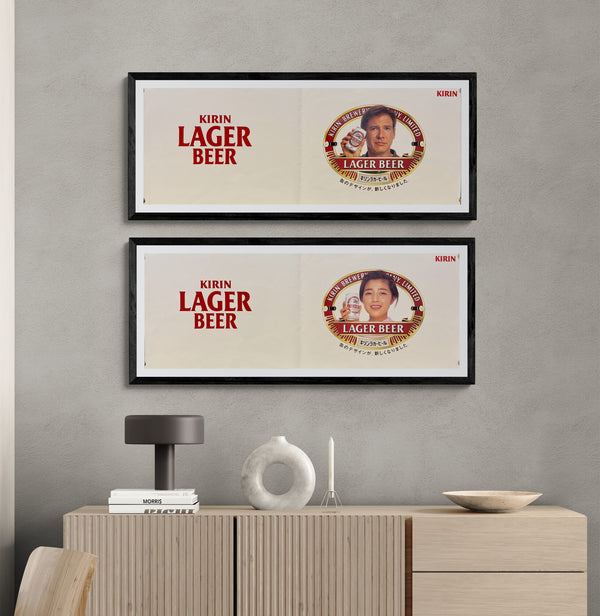 “KIRIN LAGER BEER – ‘MR. BEER’ CAMPAIGN” (1994) – ORIGINAL JAPANESE IN‑STORE POP BANNER POSTERS (SET OF 2) + PROMOTIONAL STICKER SHEET – STORE‑USE / 非売品