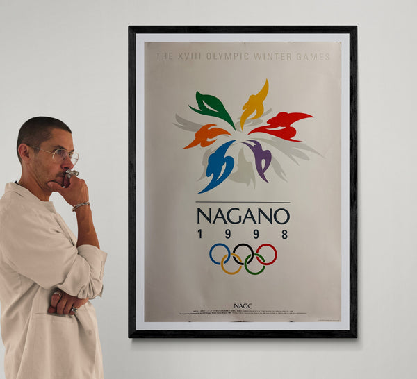 “Nagano 1998 – Snowflower Emblem” (長野1998冬季オリンピック), Rare Original Japanese Olympic Emblem Promotional Poster 1993, B1 Size (c. 72 × 103 cm) HAK-A