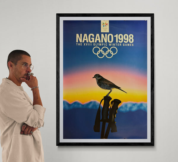 “Nagano 1998 – Thrush on Ski Poles” (長野1998冬季オリンピック), Rare Original Japanese Olympic Promotional Poster 1994, B1 Size (c. 72 × 103 cm) HAK-A