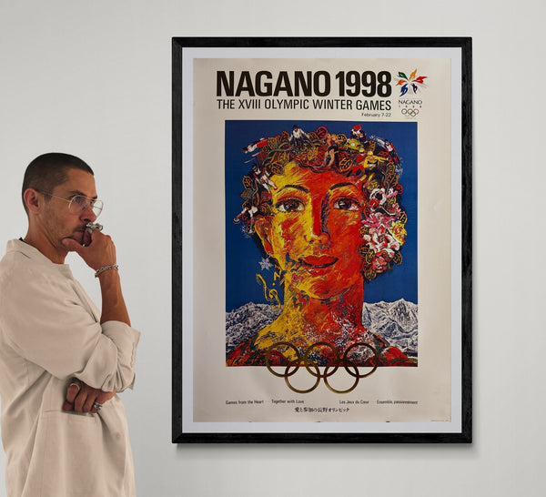 “Nagano 1998 – Games from the Heart” (愛と参加の長野オリンピック), Rare Original Japanese Official Olympic Poster by Koji Kinutani, B1 Size (c. 73 × 103 cm), Gold Foil Olympic Rings HAK-A