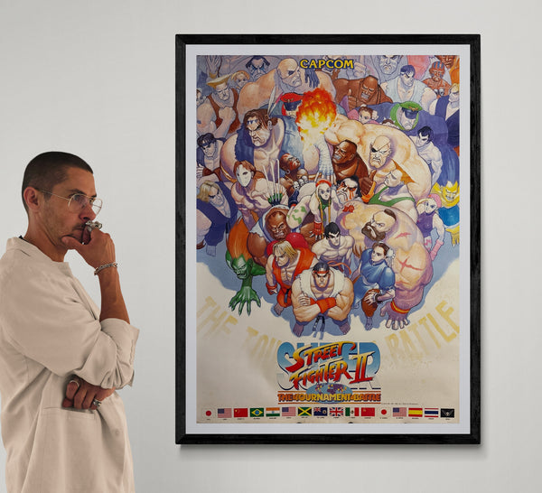 “Super Street Fighter II: The Tournament Battle”, Original Japanese Capcom Arcade Poster 1993, Very Rare, B1 Size (72.8 × 103 cm) — 16-Fighter Tournament Line-Up Design