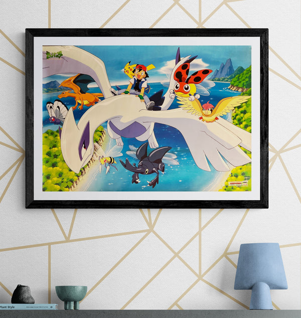 “Pokémon – Lugia, Ash & Pikachu” (ポケットモンスター), Original Japanese Banpresto Poster 2000, Landscape B2 Size (73 × 51 cm) — ZA1216