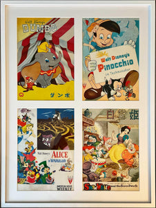 "Dumbo, Pinocchio, Alice in Wonderland and Snow White", 4 Original Release Japanese Movie Pamphlet-Posters early 1950`s, Ultra Rare, FRAMED, B5 Size